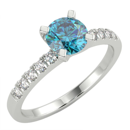 White gold round blue colour diamond engagement ring in a four-prong pave setting