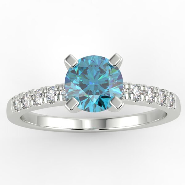 White gold round blue colour diamond engagement ring in a four-prong pave setting