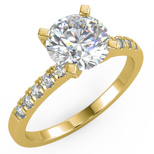 Yellow gold round diamond engagement ring in a four-prong pave setting