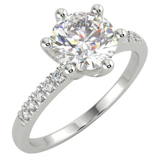 White gold round diamond engagement ring in a six-prong pave setting