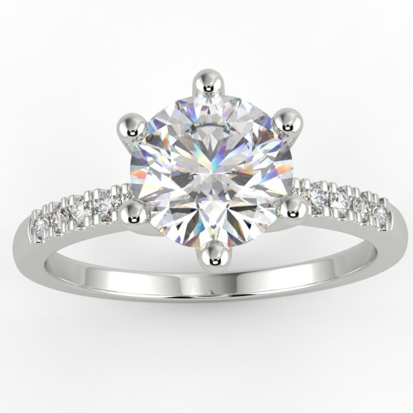 White gold round diamond engagement ring in a six-prong pave setting