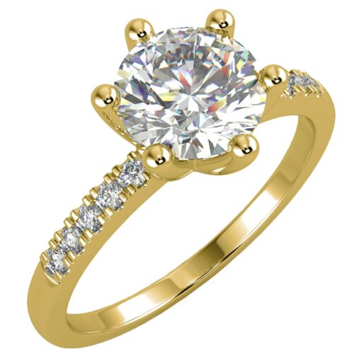 Yellow gold round diamond engagement ring in a six-prong pave setting