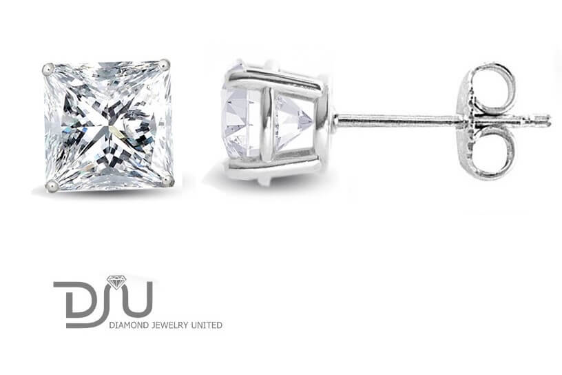 A pair of diamond stud earrings with princess-cut diamonds