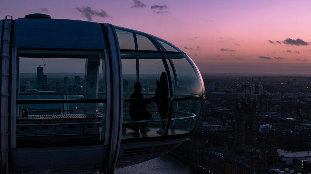 Man proposing to his partner on London Eye at Night