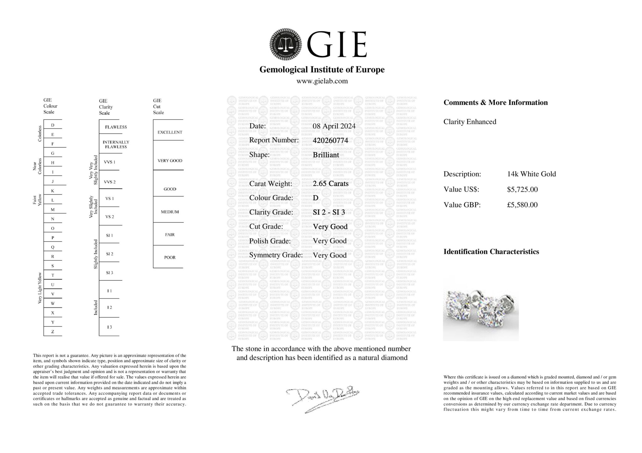 2.65 carat D SI2 Round Diamond Stud Earrings Set In 14 Karat Solid ...